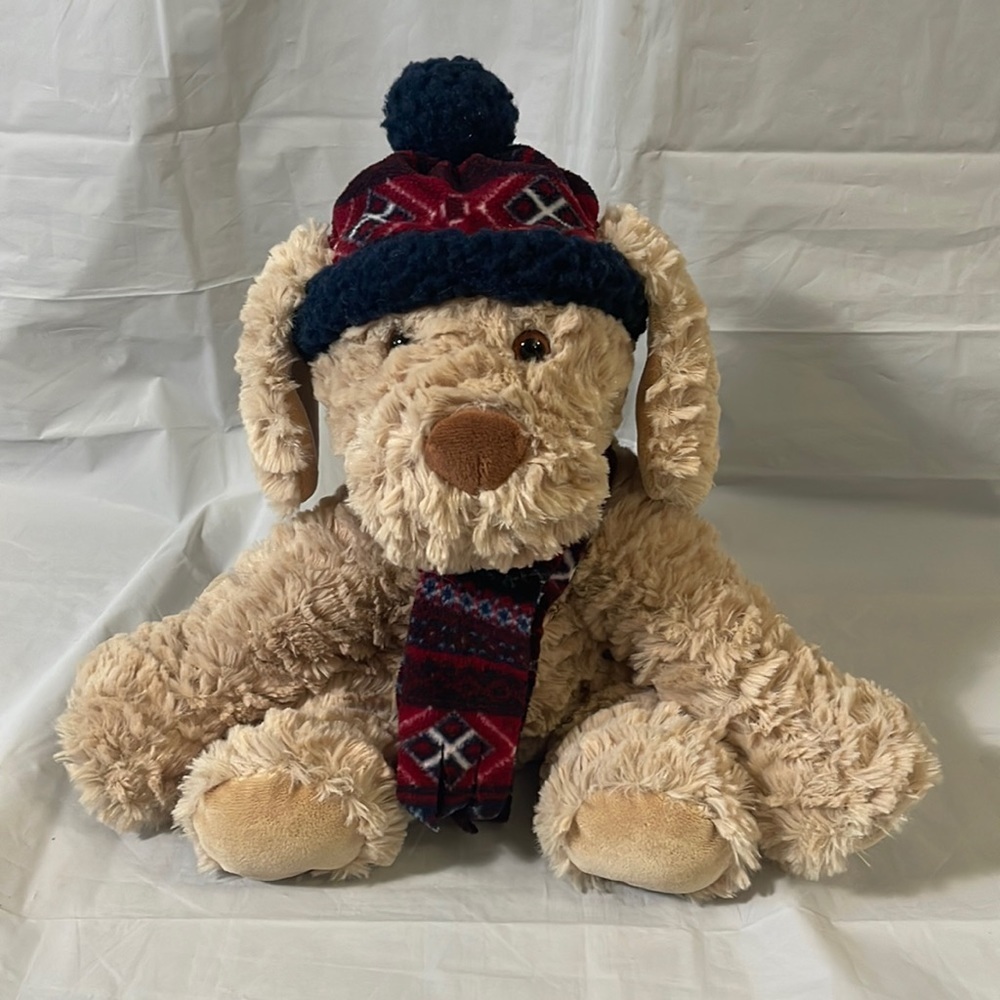 Gentle Treasures brand plush dog with hat and scarf